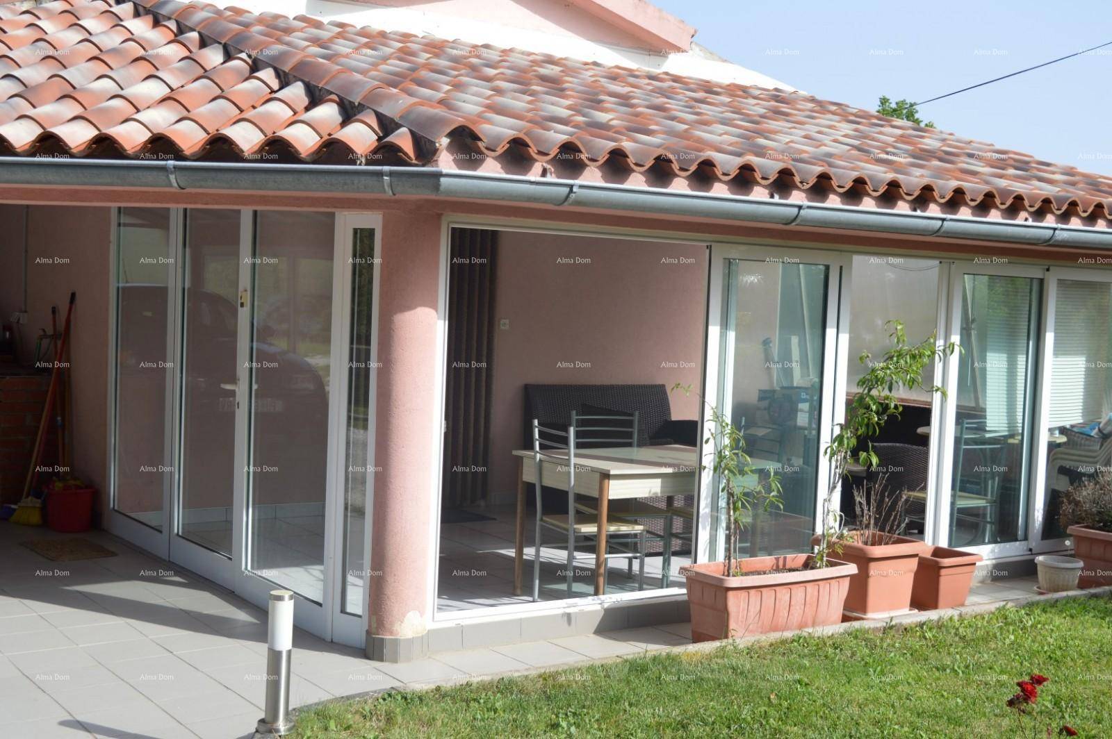 Fassade des Hauses mit großen Glasfronten und Topfpflanzen, die auf eine Terrasse hindeuten.