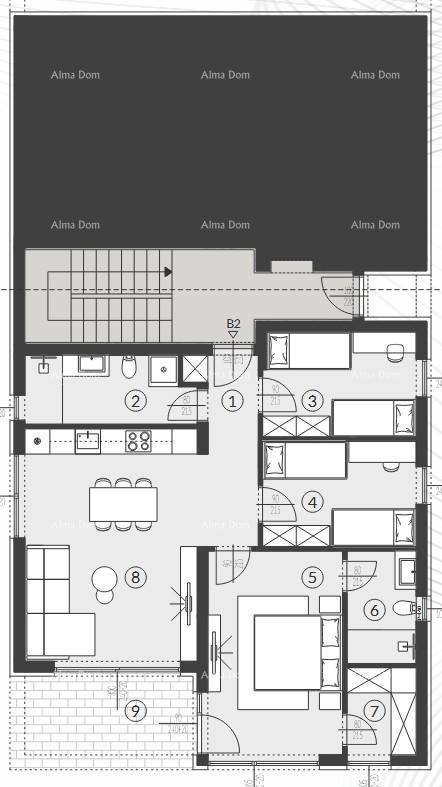 Detaillierter Grundriss einer Wohnung mit offenem Wohnbereich, mehreren Schlafzimmern und Bädern.