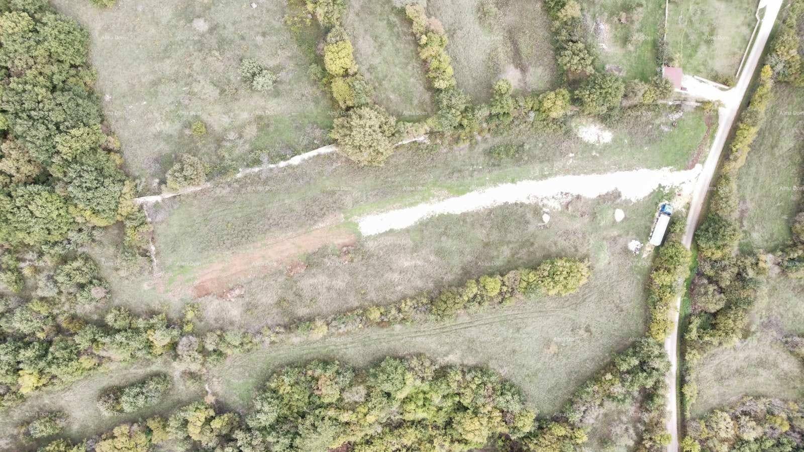 Luftaufnahme eines weitläufigen Grundstücks mit einem Schotterweg, umgeben von Feldern und vereinzelten Bäumen.