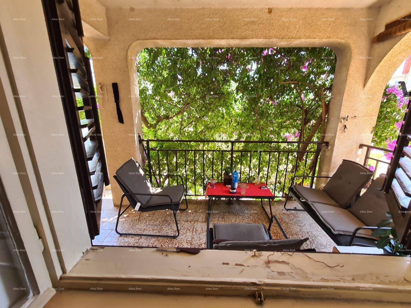 Balkon mit Sitzgelegenheiten und üppiger grüner Vegetation im Hintergrund.