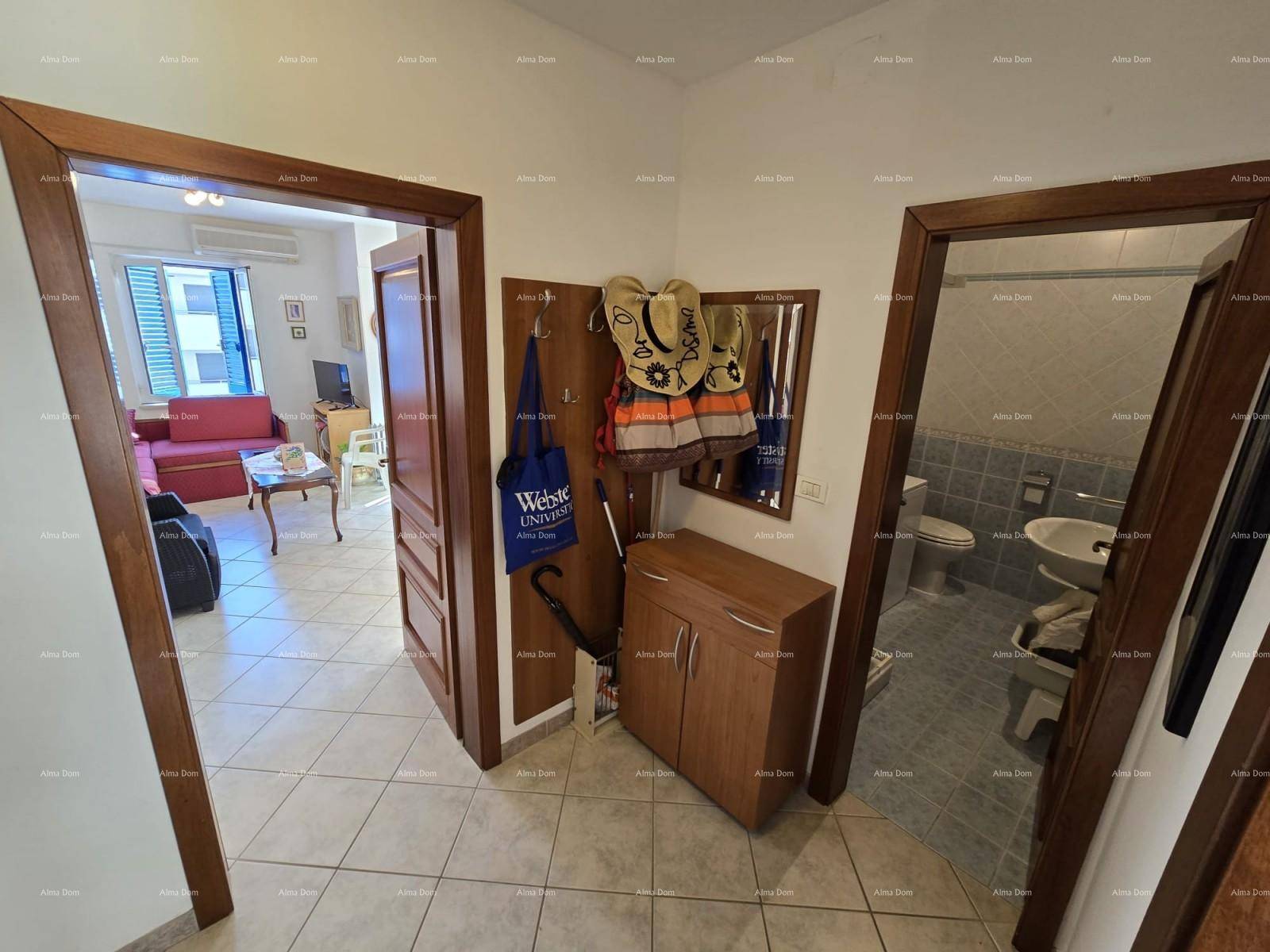 Eingangsbereich mit Fliesenboden, Holztüren und einem kleinen Schrank mit Spiegel.