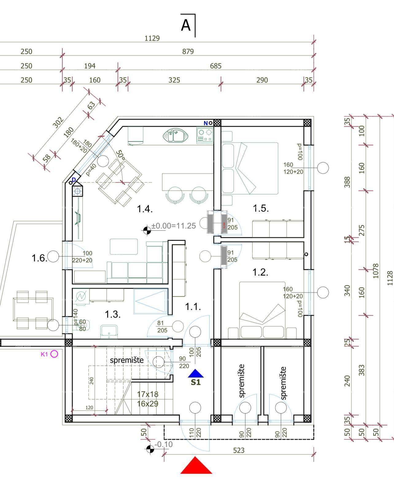 Grundriss der Wohnung S1 mit offenem Wohnbereich, zwei Schlafzimmern und überdachter Terrasse.