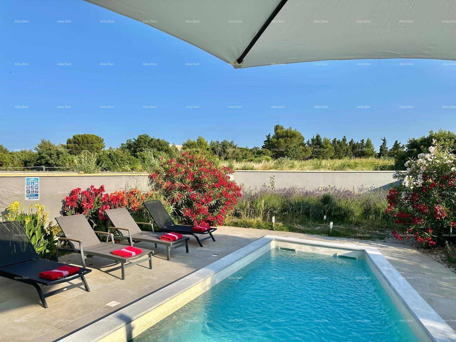Entspannender Poolbereich mit Sonnenliegen, roten Handtüchern und einem großen Sonnenschirm.