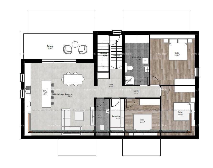 Grundriss einer Wohnung mit offenem Wohnbereich, drei Schlafzimmern und einer Terrasse.