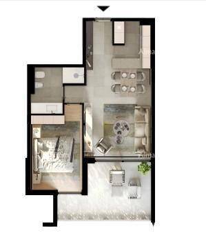 Grundriss einer Wohnung mit Schlafzimmer, Bad, offenem Wohnbereich und einer Terrasse.