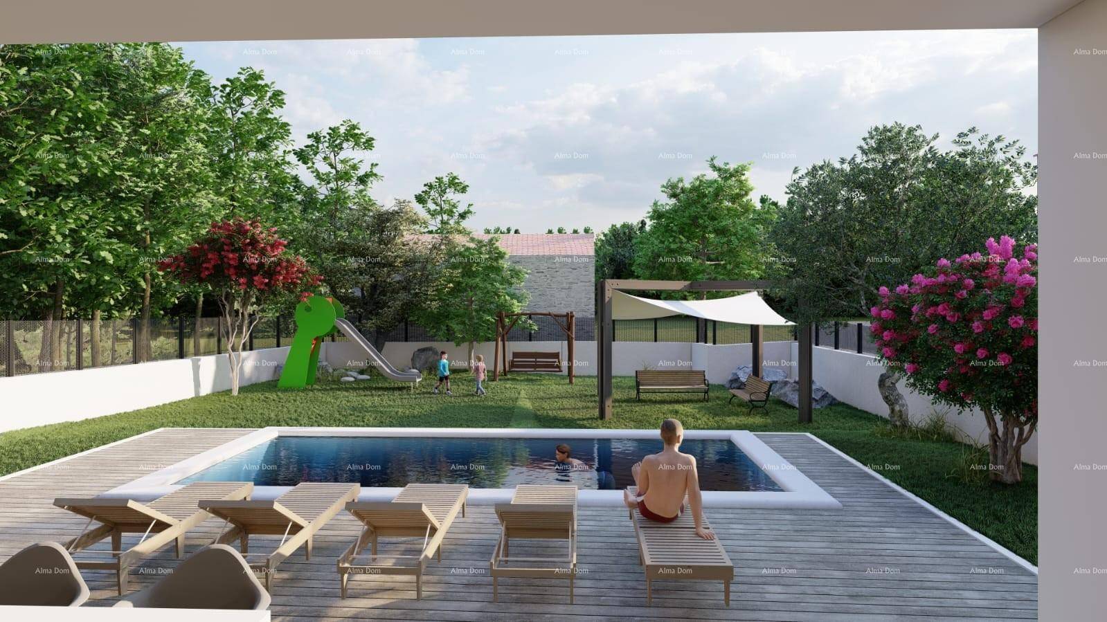 Ein großer Gartenbereich mit Swimmingpool, Liegestühlen, Spielplatz und schattigem Sitzbereich.