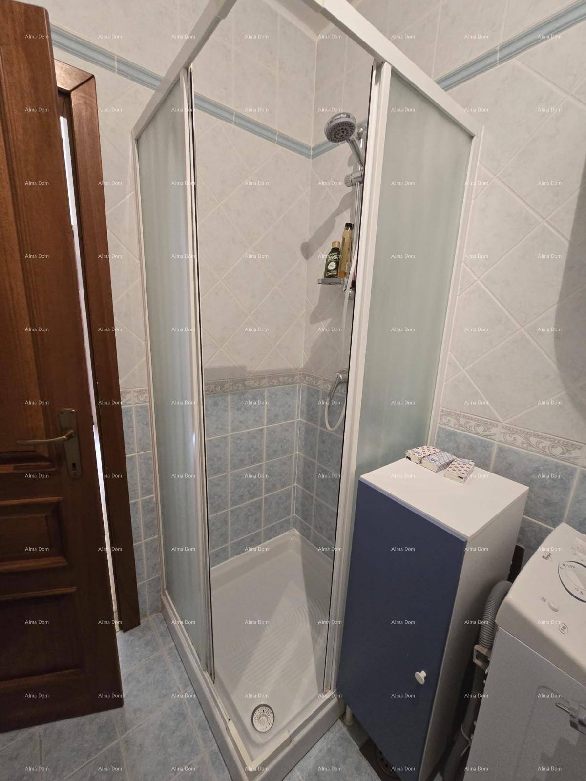 Duschkabine im Badezimmer mit blauen und weißen Wand- und Bodenfliesen.