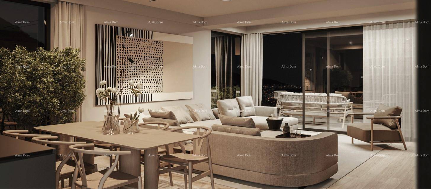 Eleganter Wohn- und Essbereich mit stilvollen Möbeln und Zugang zu einer Terrasse.