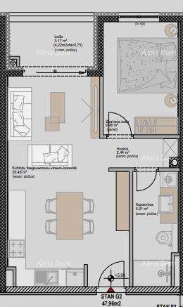 Grundriss der Wohnung G2 mit offenem Wohnbereich, Schlafzimmer und Loggia.
