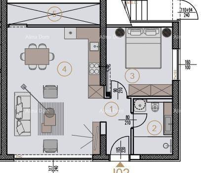 Grundriss der Wohnung J02 mit offenem Wohnbereich, Schlafzimmer und Bad.