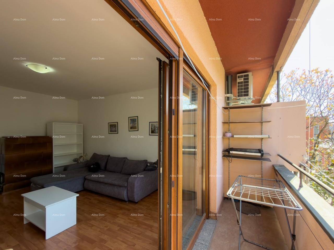 Balkon mit Wäscheständer und Blick in das Wohnzimmer durch die Glastür.