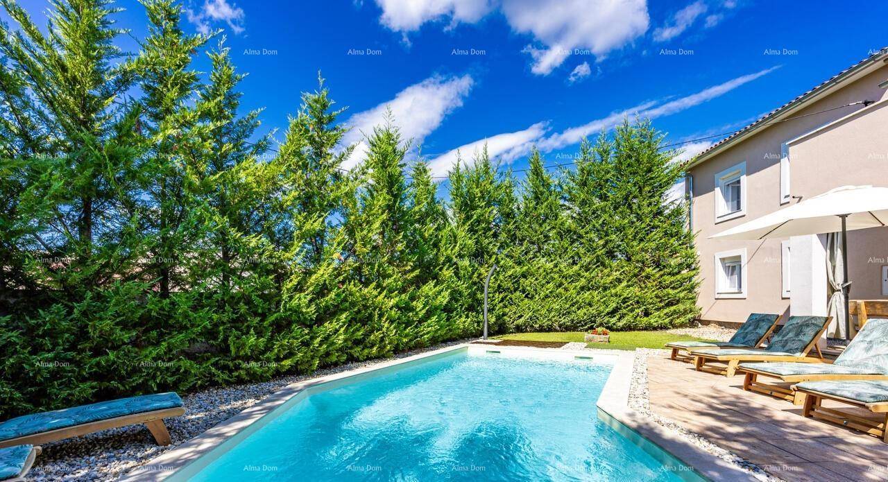 Blauer Pool umgeben von einer grünen Hecke und Rasenfläche, mit Holzdeck und Sonnenliegen.
