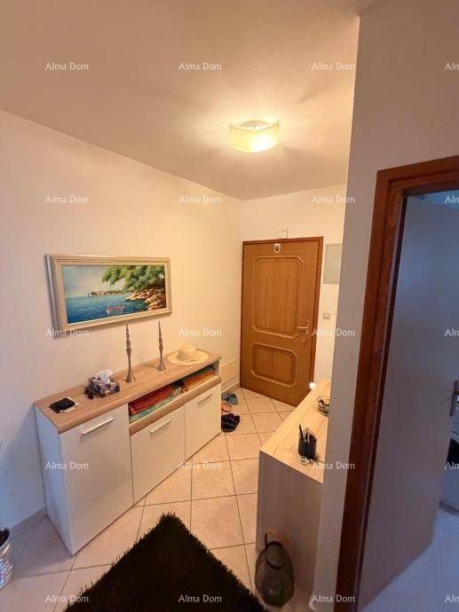 Eingangsbereich mit Holztür, Kommode und einem dekorativen Gemälde an der Wand.