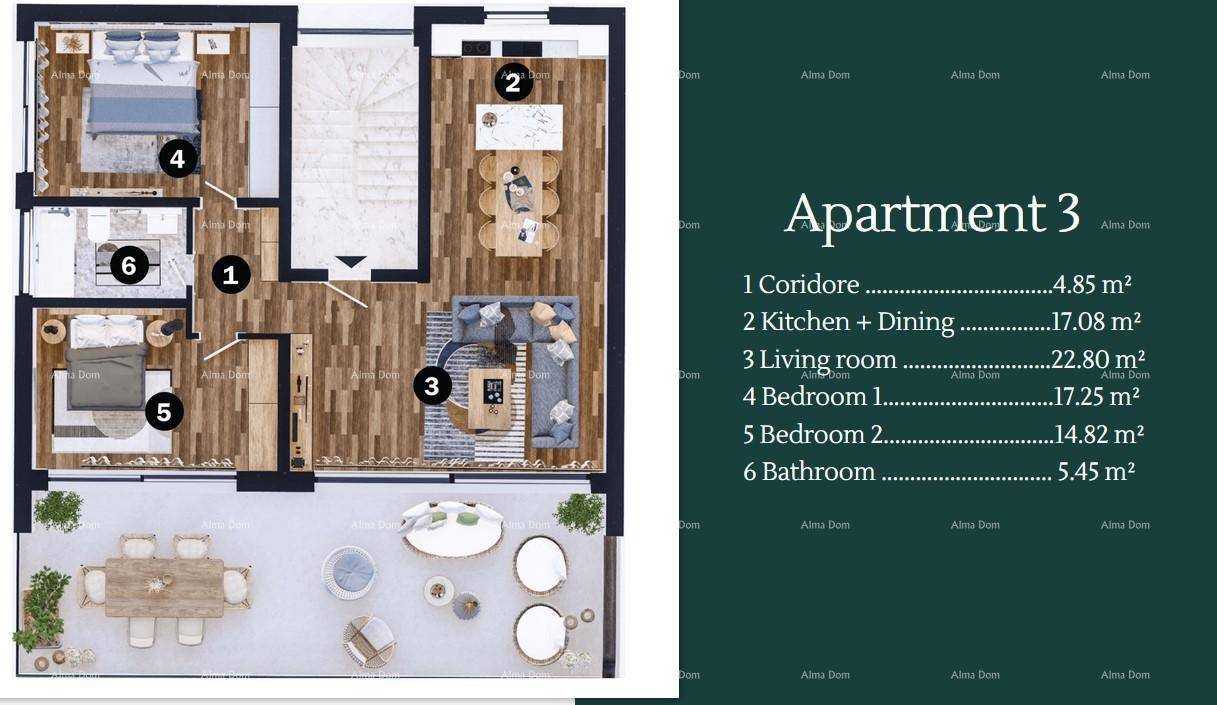 Detaillierter Grundriss für Apartment 3 mit zwei Schlafzimmern, offenem Wohnbereich und großer Terrasse.