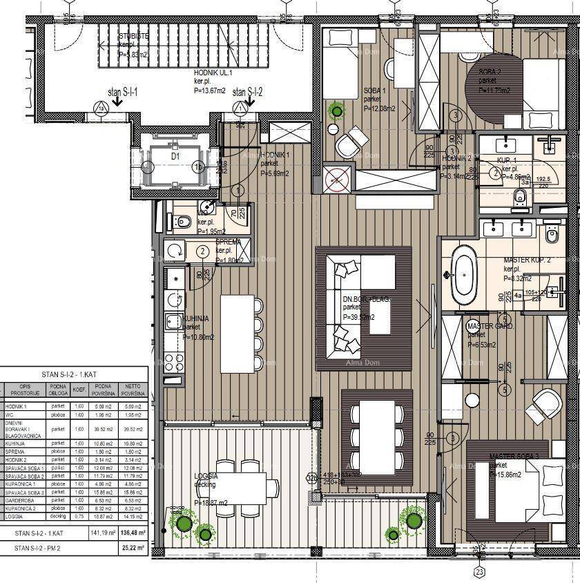 Detaillierter Grundriss einer Wohnung mit mehreren Zimmern und Außenbereichen.