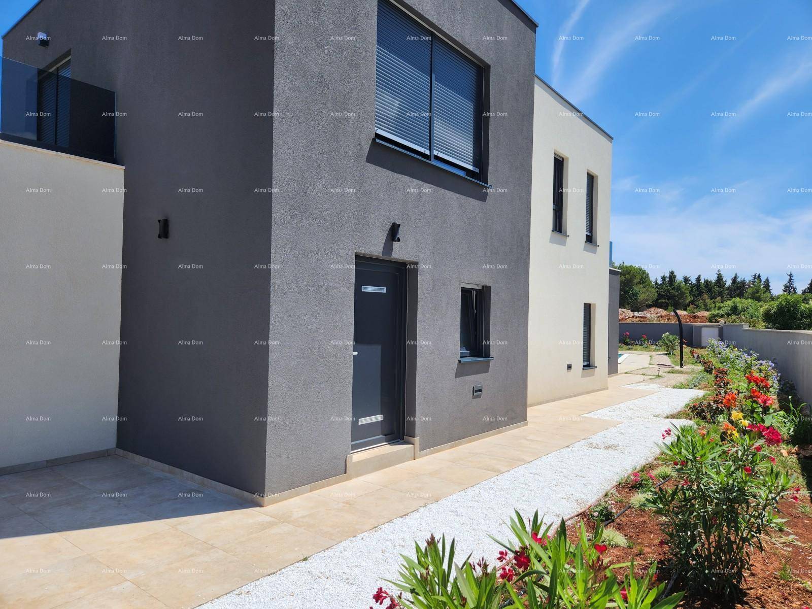 Eingangsbereich der modernen Villa mit dunkler Tür, weißem Kiesweg und blühenden Pflanzen.