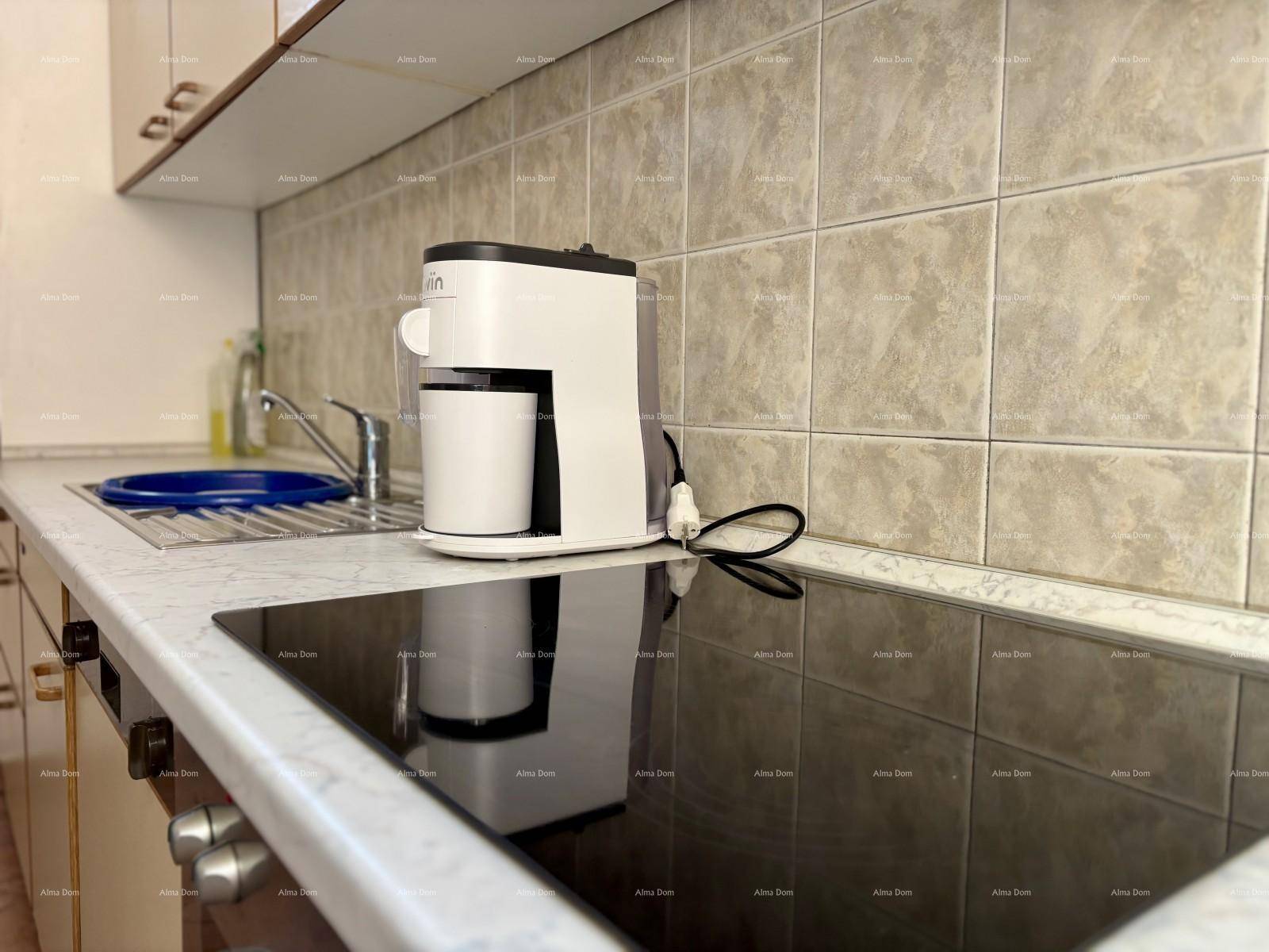Detailansicht der Küchenarbeitsplatte mit modernem Induktionskochfeld und Kaffeemaschine.