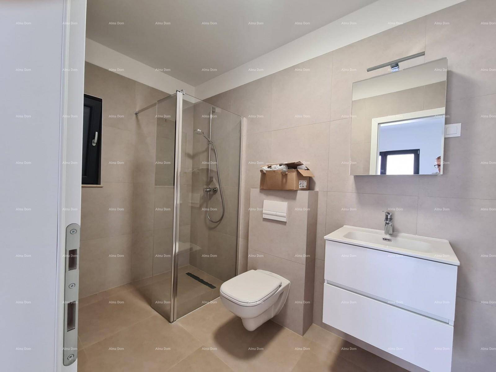 Modernes Badezimmer mit begehbarer Dusche, Wand-WC und Waschtisch mit Spiegel.