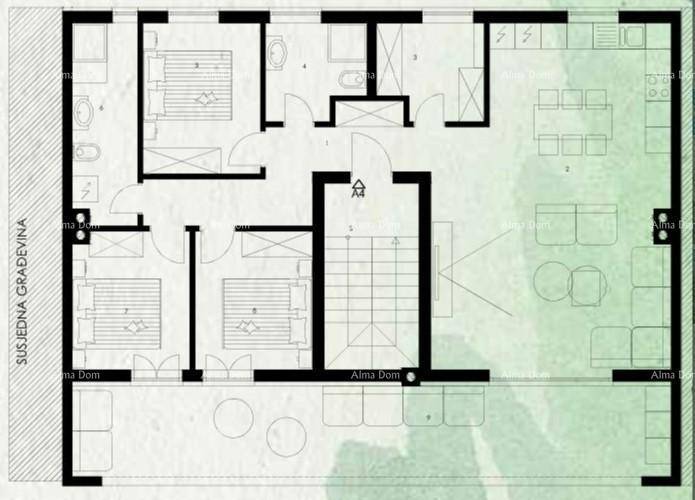 Grundriss einer Etage mit mehreren Schlafzimmern, Bädern und einem offenen Wohnbereich mit Terrasse.