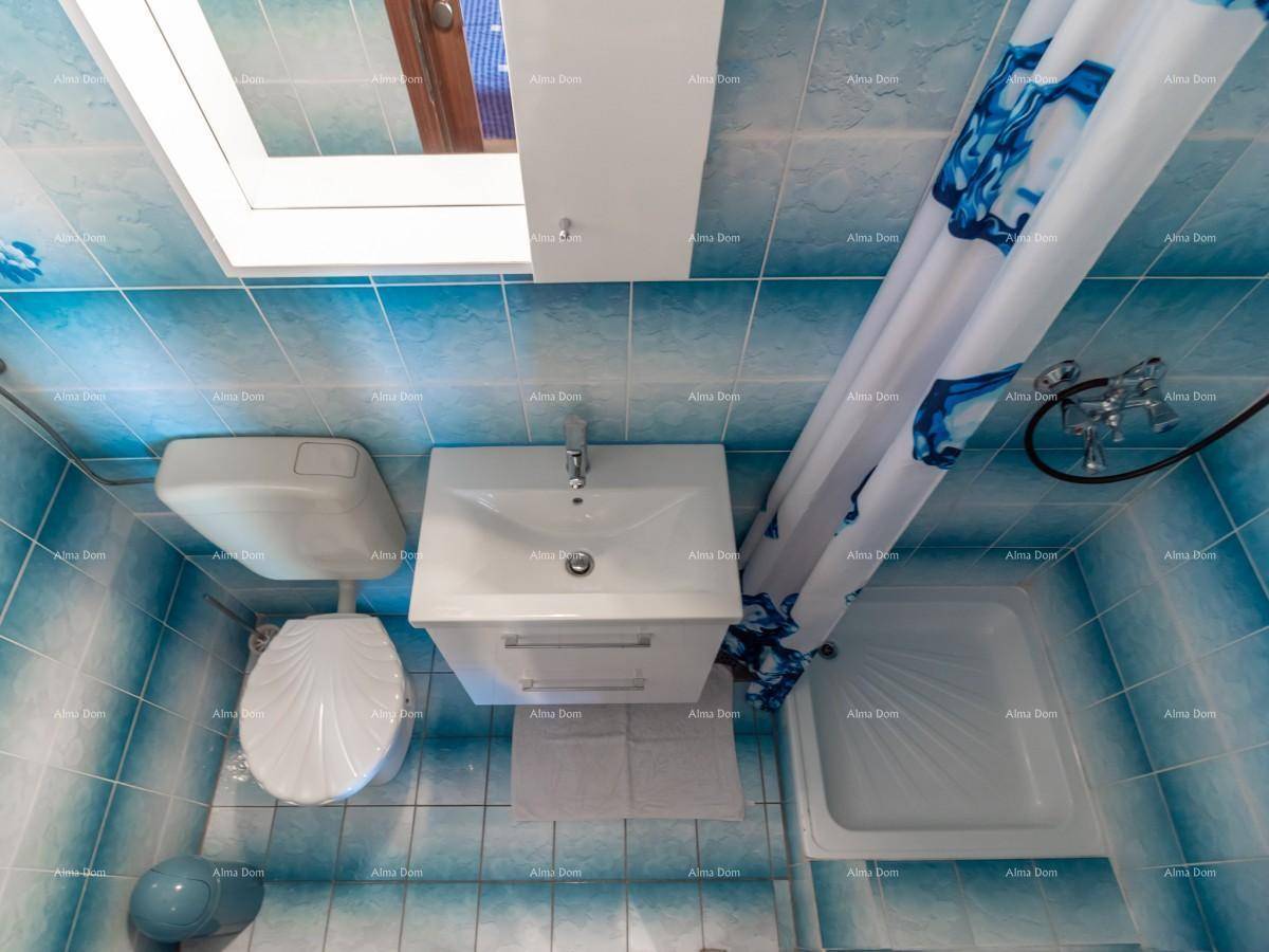Badezimmer mit blauen Fliesen, Dusche, WC, Waschbecken und einem Dachfenster für natürliches Licht.