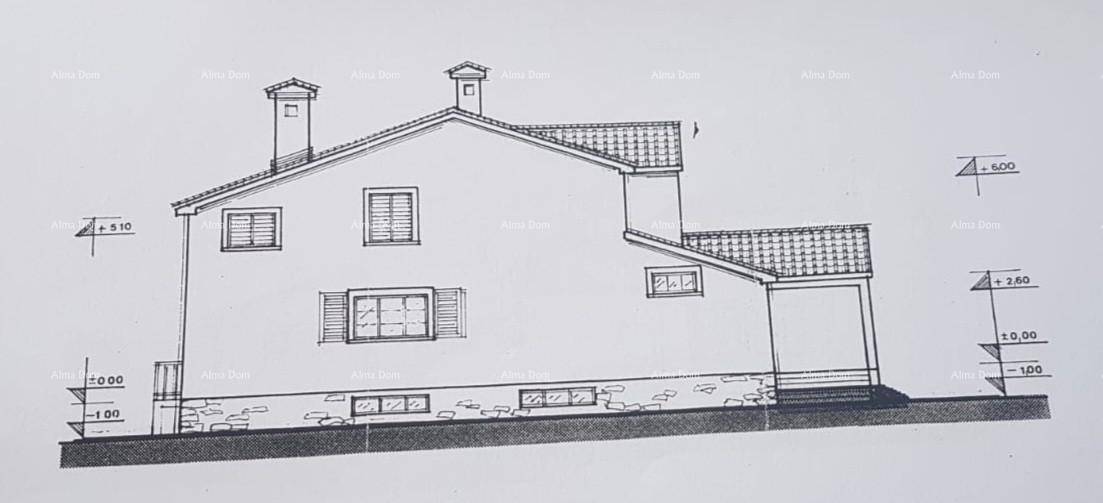 Architektonische Zeichnung einer weiteren Seitenansicht des Hauses mit Fenstern und Dach.