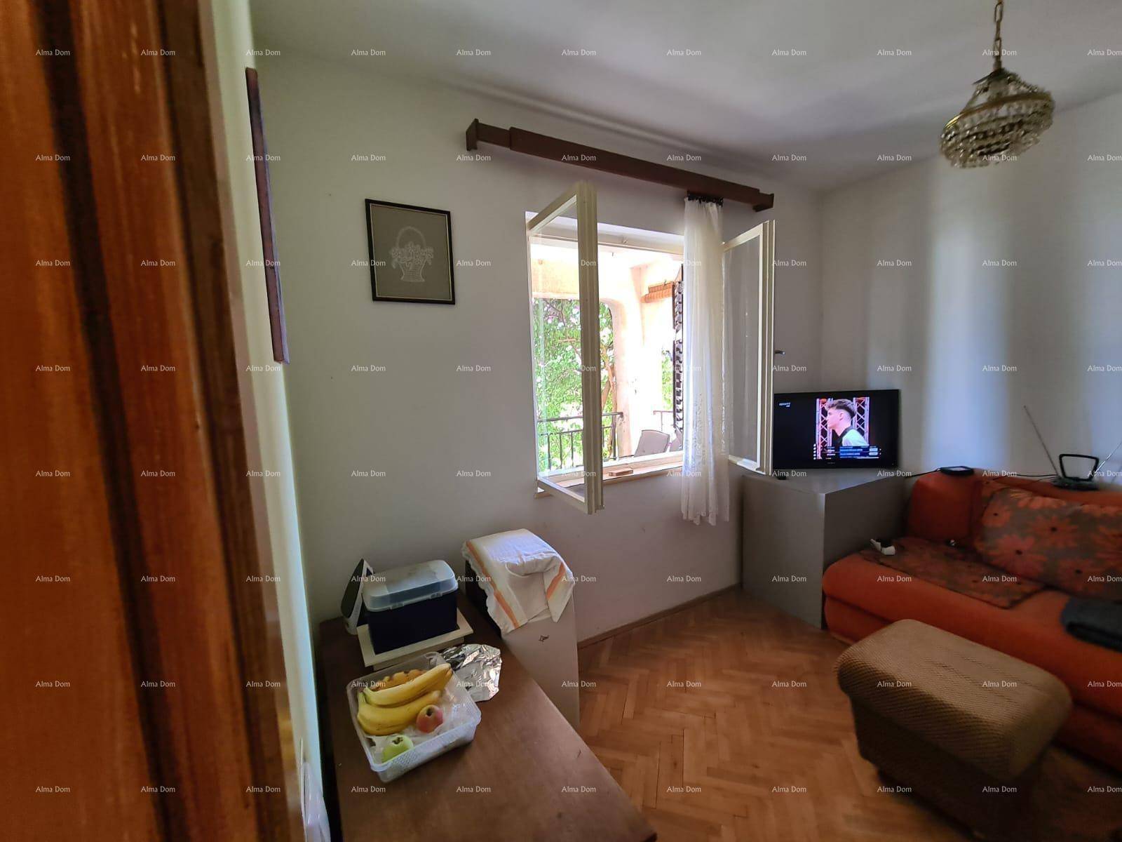Gemütliches Wohnzimmer mit Parkettboden, Sofa und Blick ins Grüne durch das Fenster.
