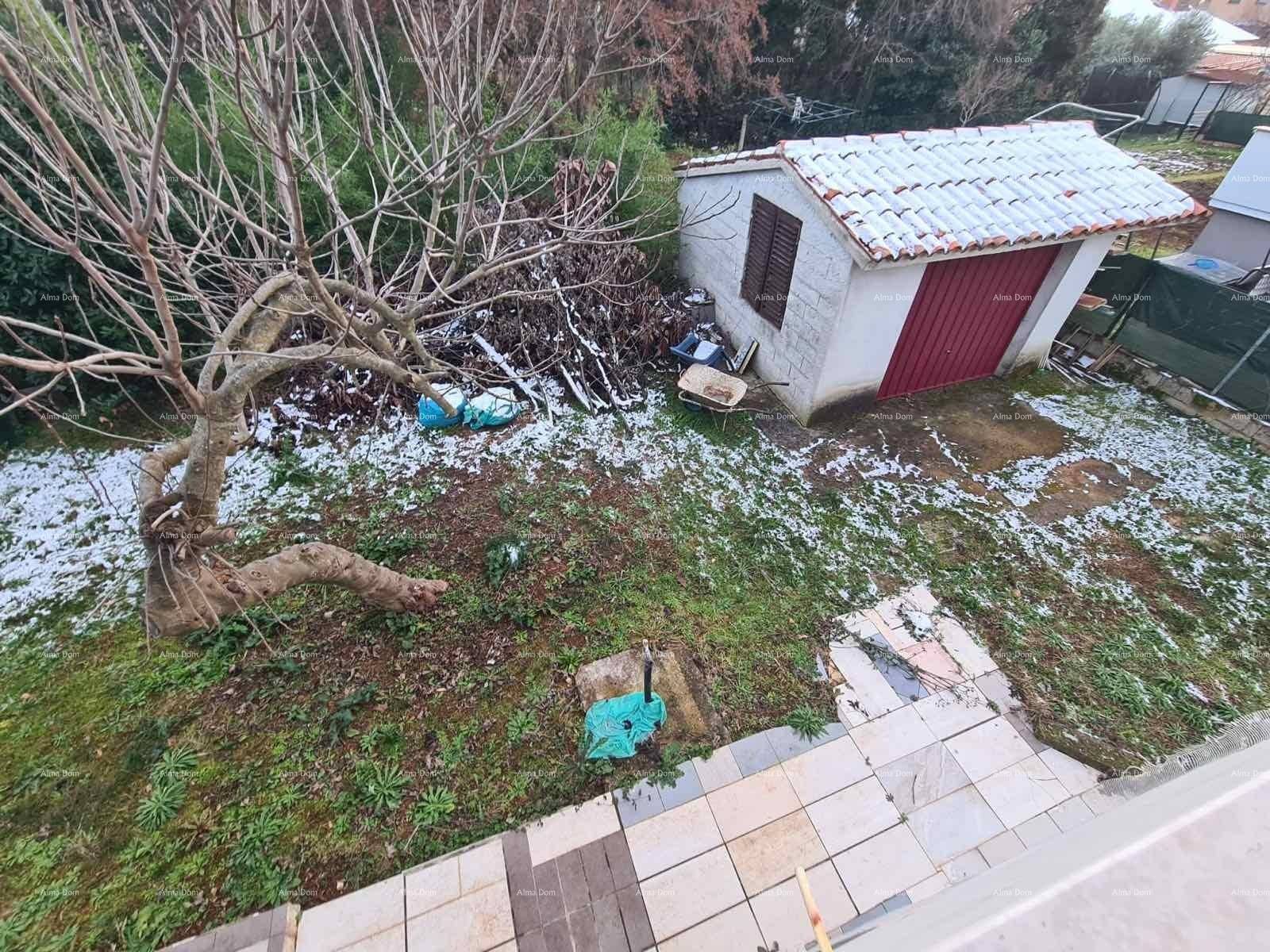 Gartenbereich mit einem kleinen Schuppen, kahlen Bäumen und leichtem Schneefall.