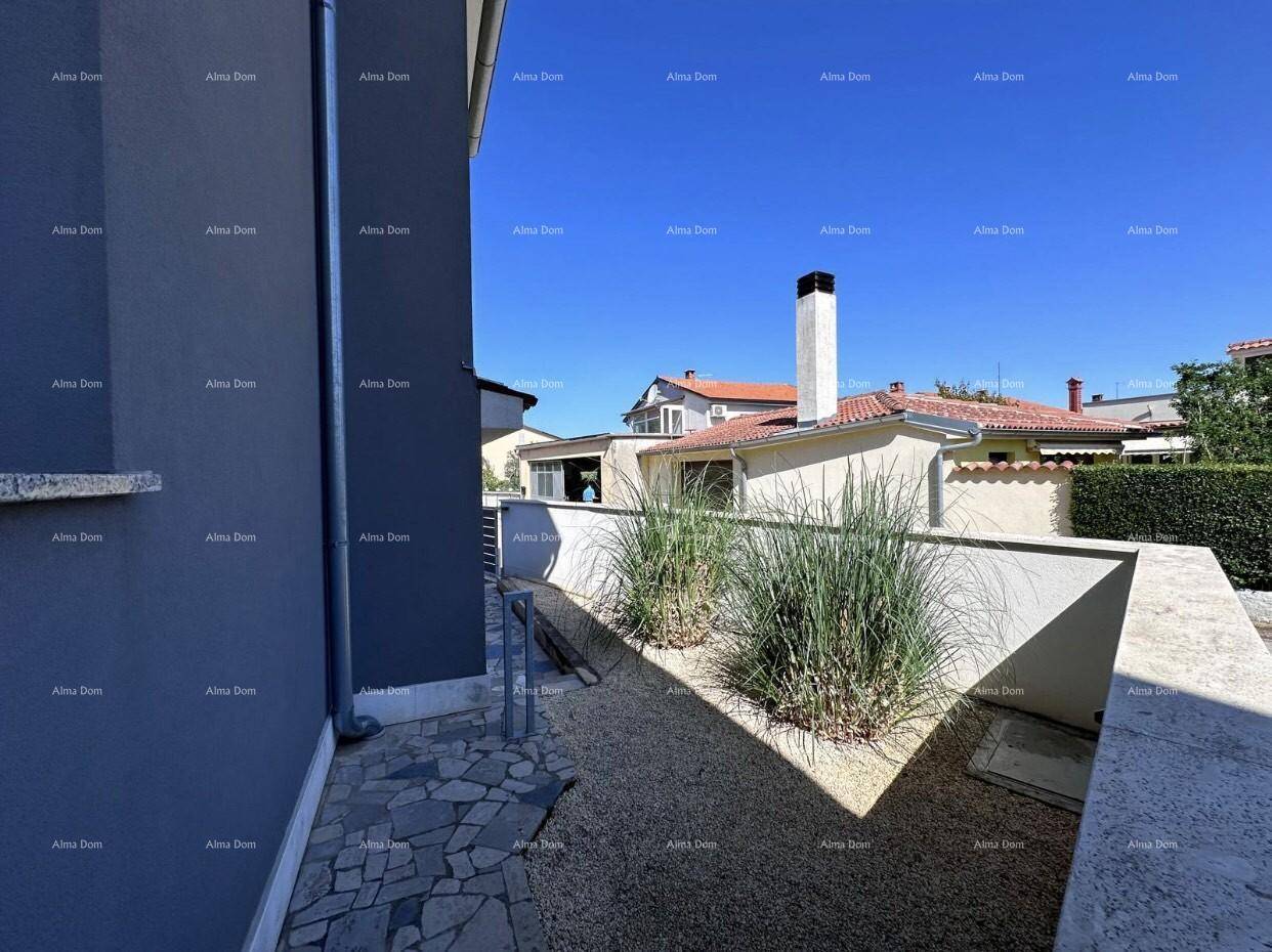 Kleiner, gepflegter Gartenbereich mit Kies, hohen Gräsern und einer modernen Mauer.