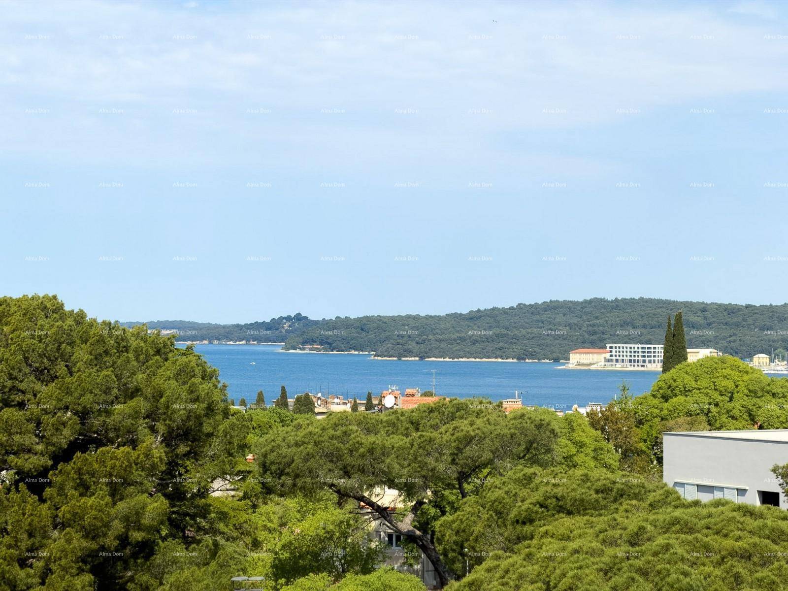 Weitläufiger Blick über die Bucht, bewaldete Inseln und die Küstenlinie unter blauem Himmel.