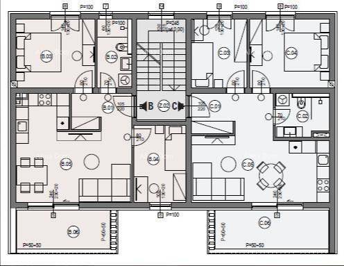 Detaillierter Grundriss einer Wohneinheit mit mehreren Zimmern und Balkonzugang.