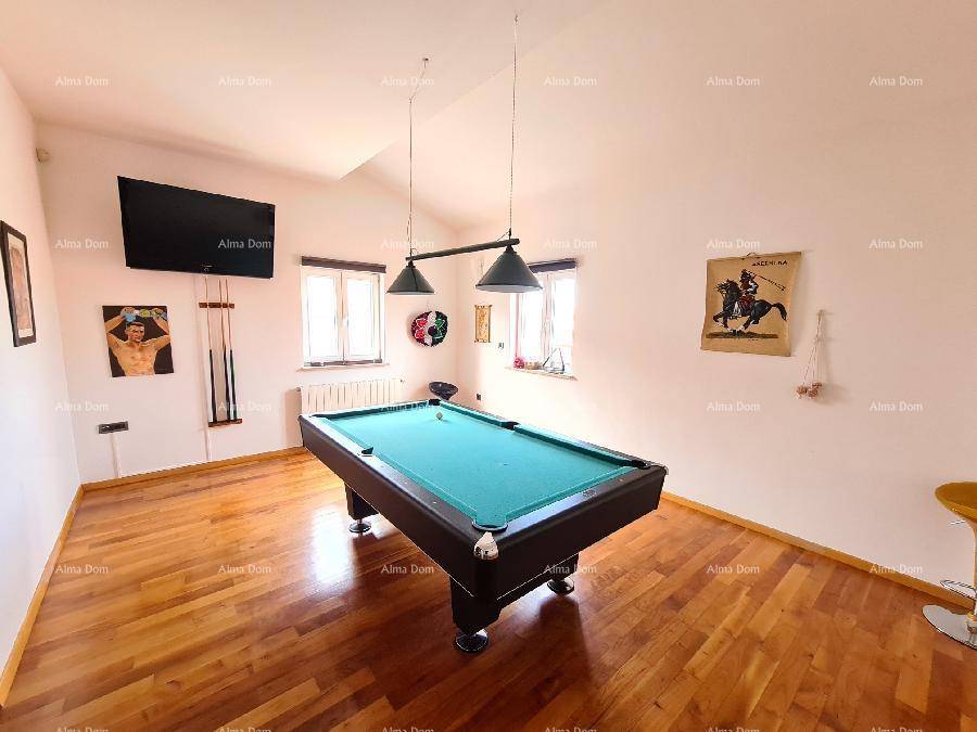 Unterhaltungsraum mit Billardtisch, Holzboden und zwei Fenstern für natürliches Licht.