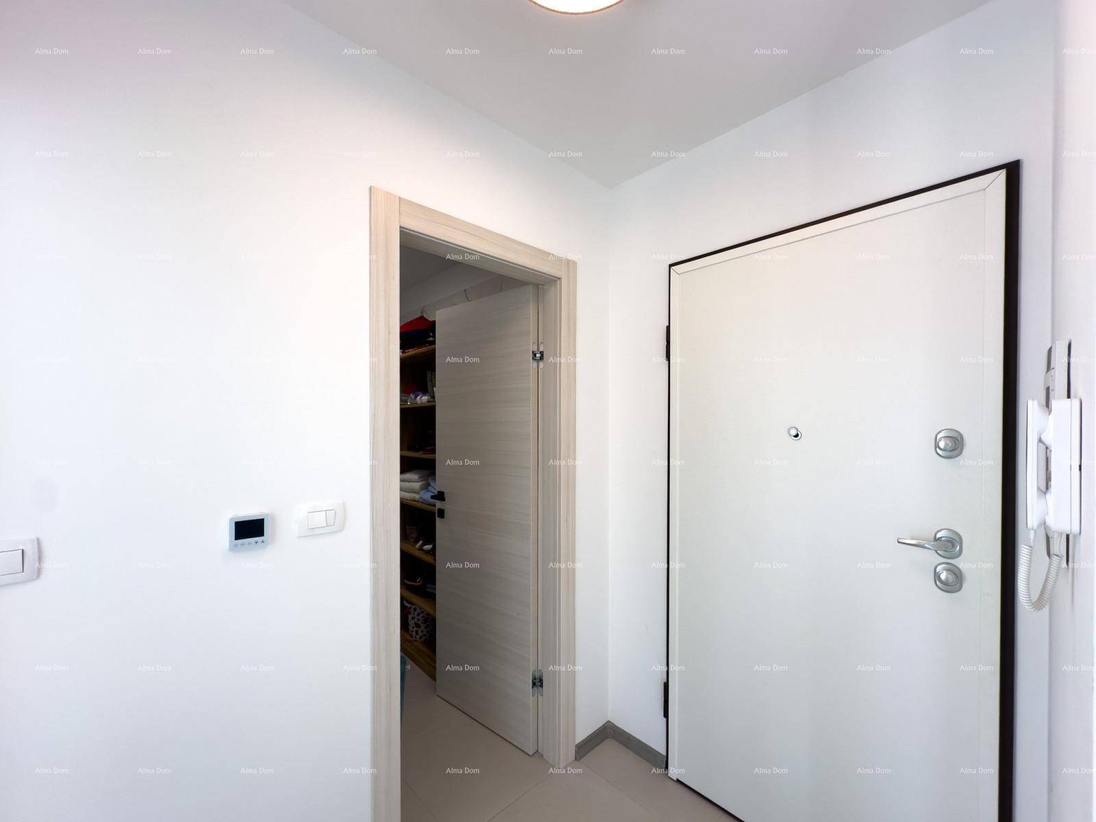 Eingangsbereich mit moderner Sicherheitstür und integriertem Wandschrank.