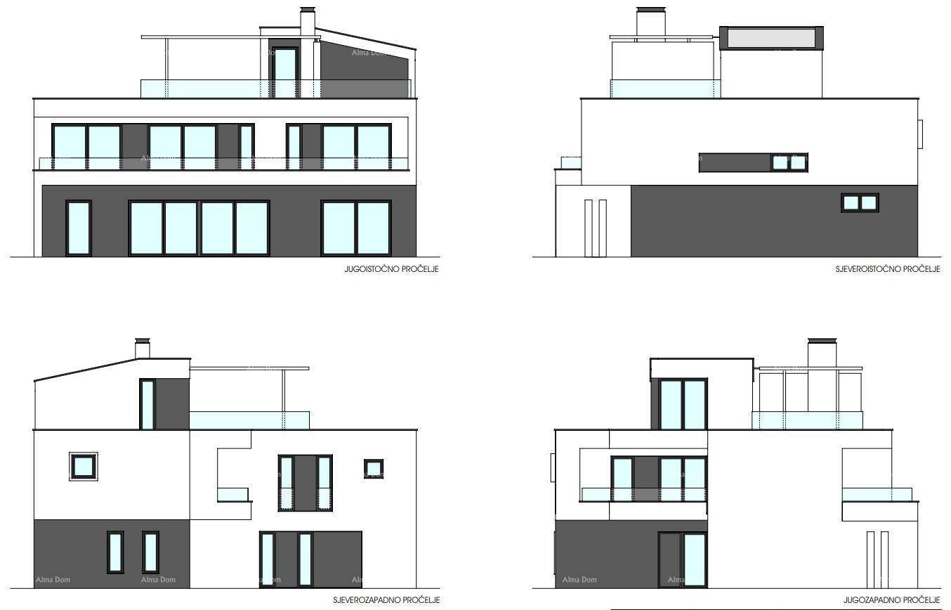 Vier Ansichten des Gebäudes zeigen die moderne Architektur mit großen Fenstern und Balkonen.