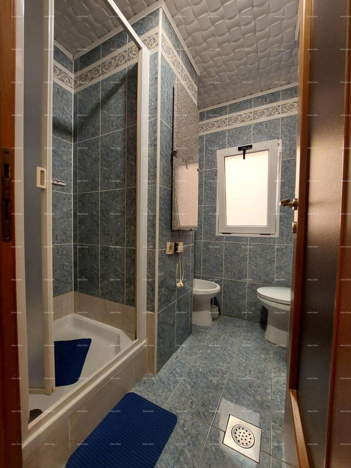 Badezimmer mit Duschkabine, WC, Bidet und Fenster, komplett gefliest in Blau.