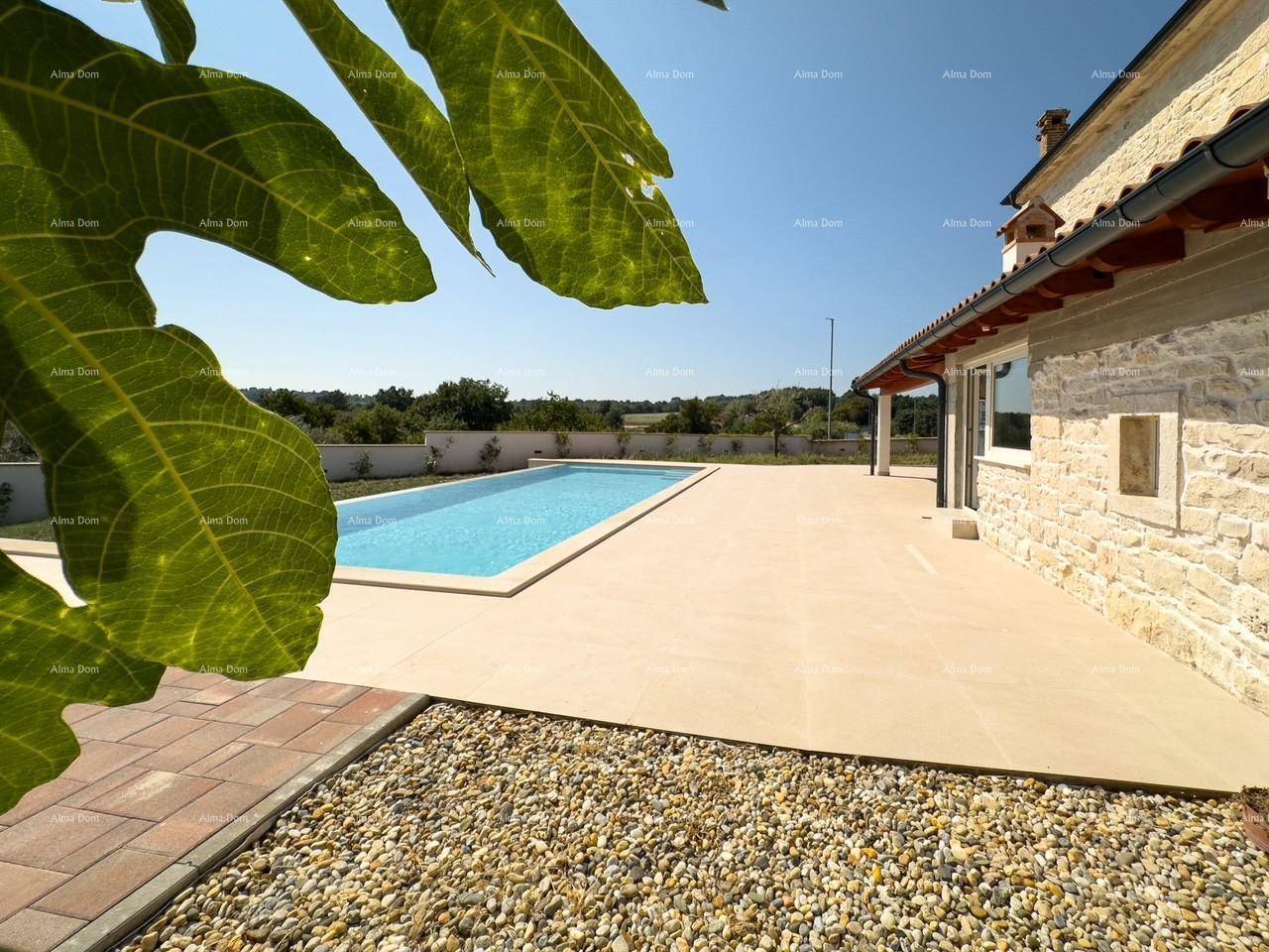 Großer Swimmingpool mit weitläufiger Sonnenterrasse und Kiesflächen im Garten.