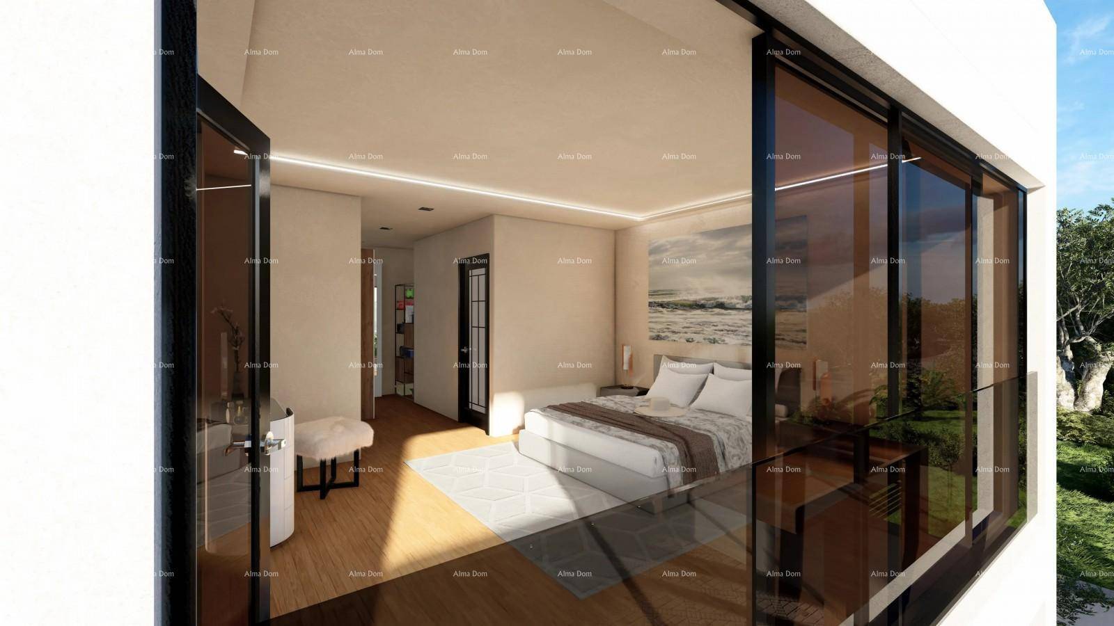 Schlafzimmer mit Seeblick, großen Glasfronten und Zugang zu einem Balkon.