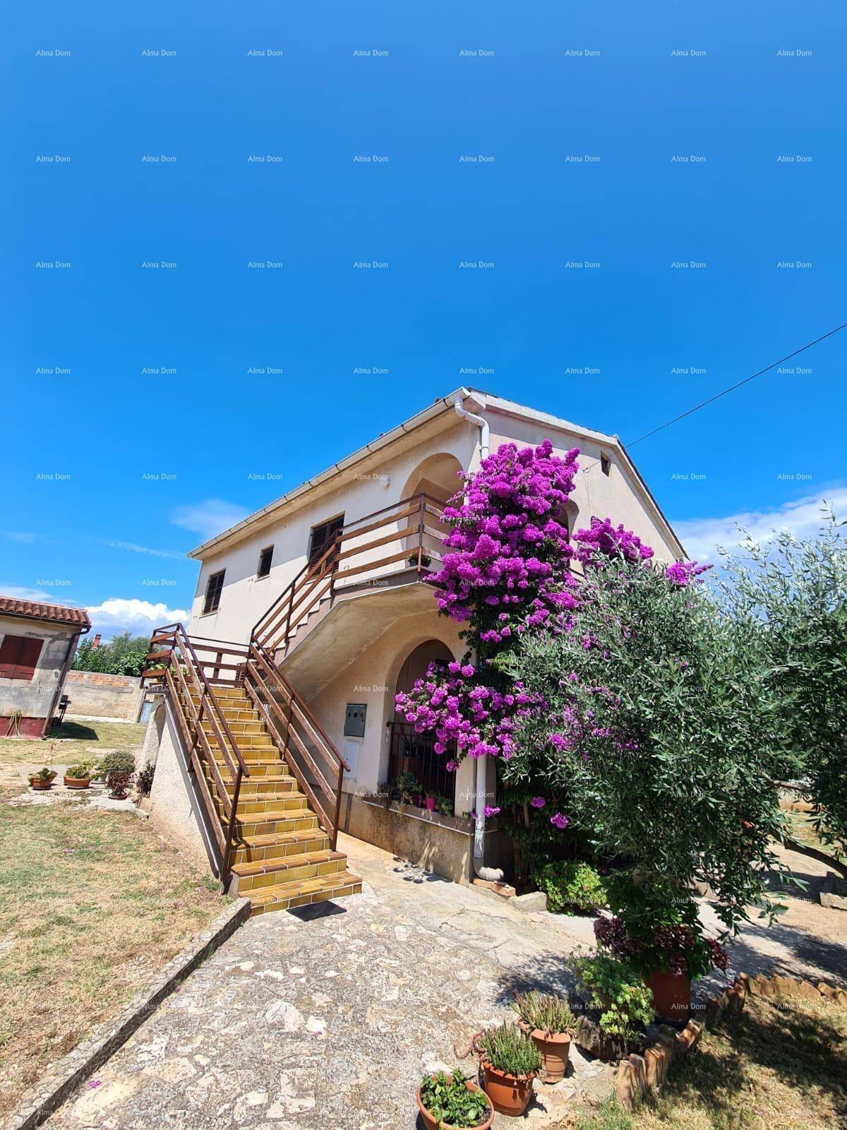 Seitlicher Blick auf das Haus mit Außentreppe und blühender Bougainvillea unter blauem Himmel.