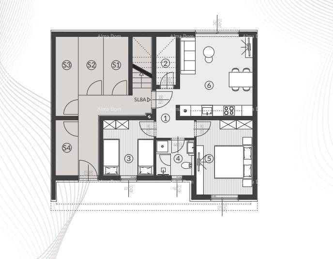Grundriss einer Wohnung mit mehreren Zimmern, Bad und offenem Wohnbereich.