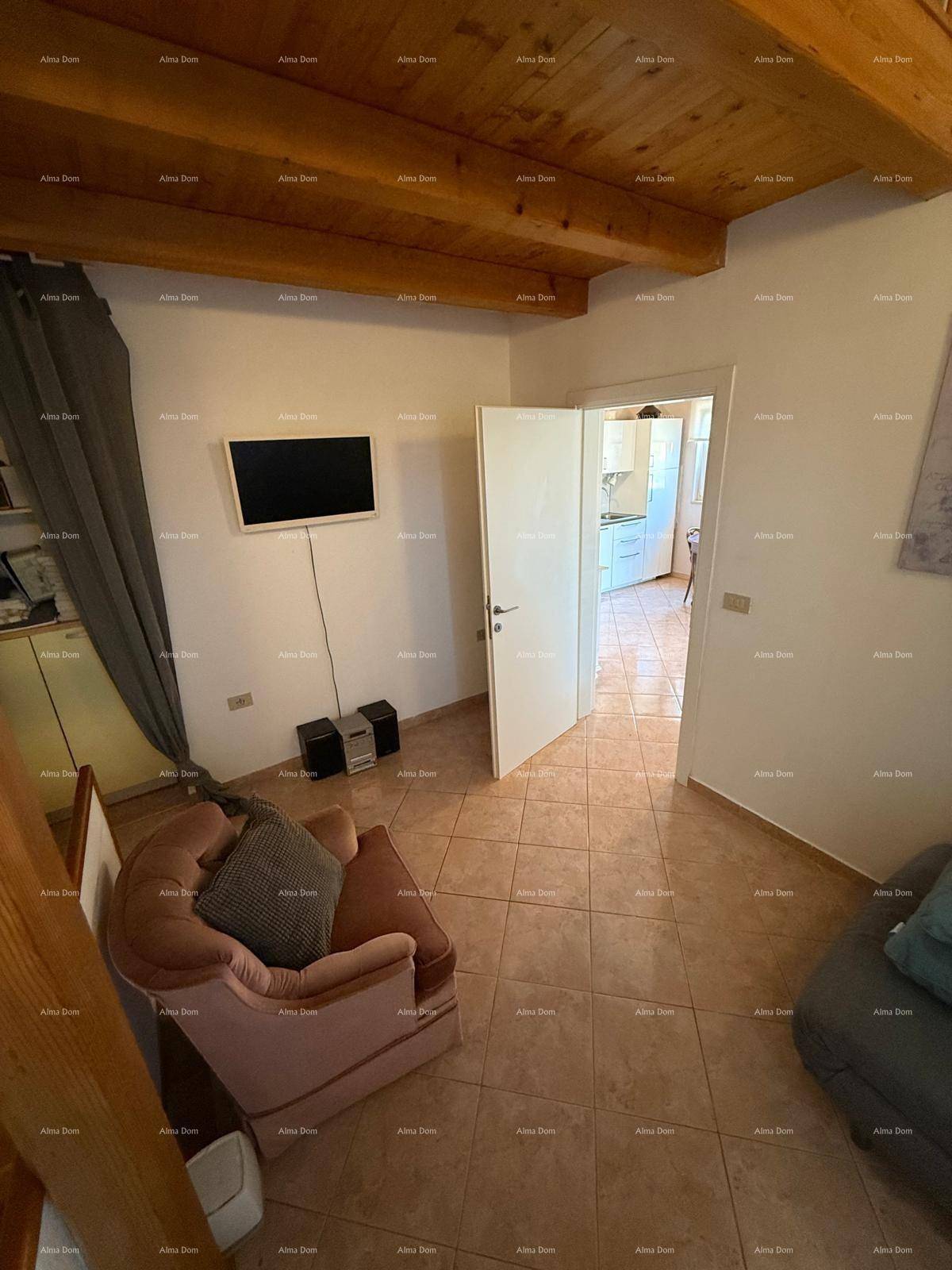 Wohnbereich mit bequemen Sessel, Fernseher und Holzbalkendecke, angrenzend an eine Küche.