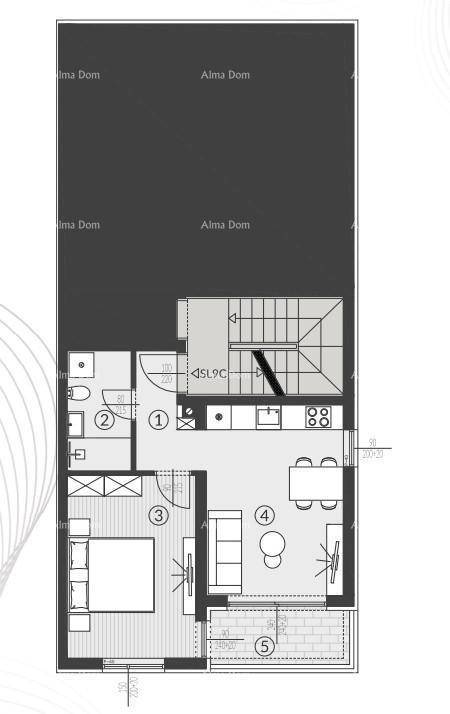 Grundriss einer Wohnung mit Schlafzimmer, Bad, offenem Wohnbereich und überdachter Terrasse.