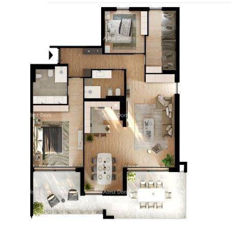 Detaillierter Grundriss mit Möblierung und Raumaufteilung für eine moderne Wohnung.