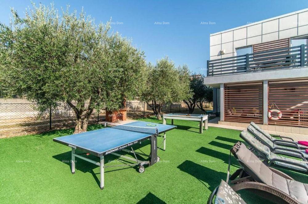 Gartenbereich mit Tischtennisplatte, Billardtisch und Grillstelle, umgeben von Olivenbäumen.