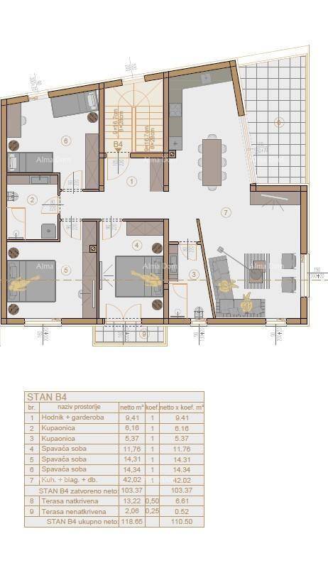 Grundriss einer Wohnung mit drei Schlafzimmern, offenem Wohnbereich und einer großzügigen Terrasse.