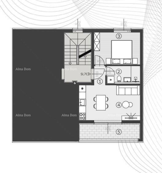Grundriss einer Wohnung mit Schlafzimmer, Bad, offenem Wohnbereich und einer Loggia.