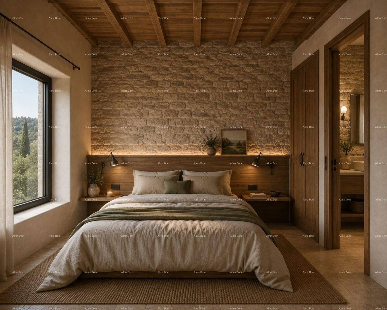Gemütliches Schlafzimmer mit freiliegender Steinwand, Holzelementen und Blick in die Natur.