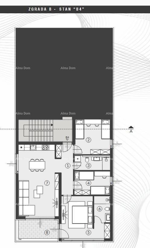 Detaillierter Grundriss einer Wohnung mit mehreren Zimmern, offenem Wohnbereich und Balkon.