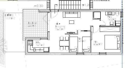 Grundrissplan einer Wohneinheit mit offenem Wohnbereich und Terrasse.