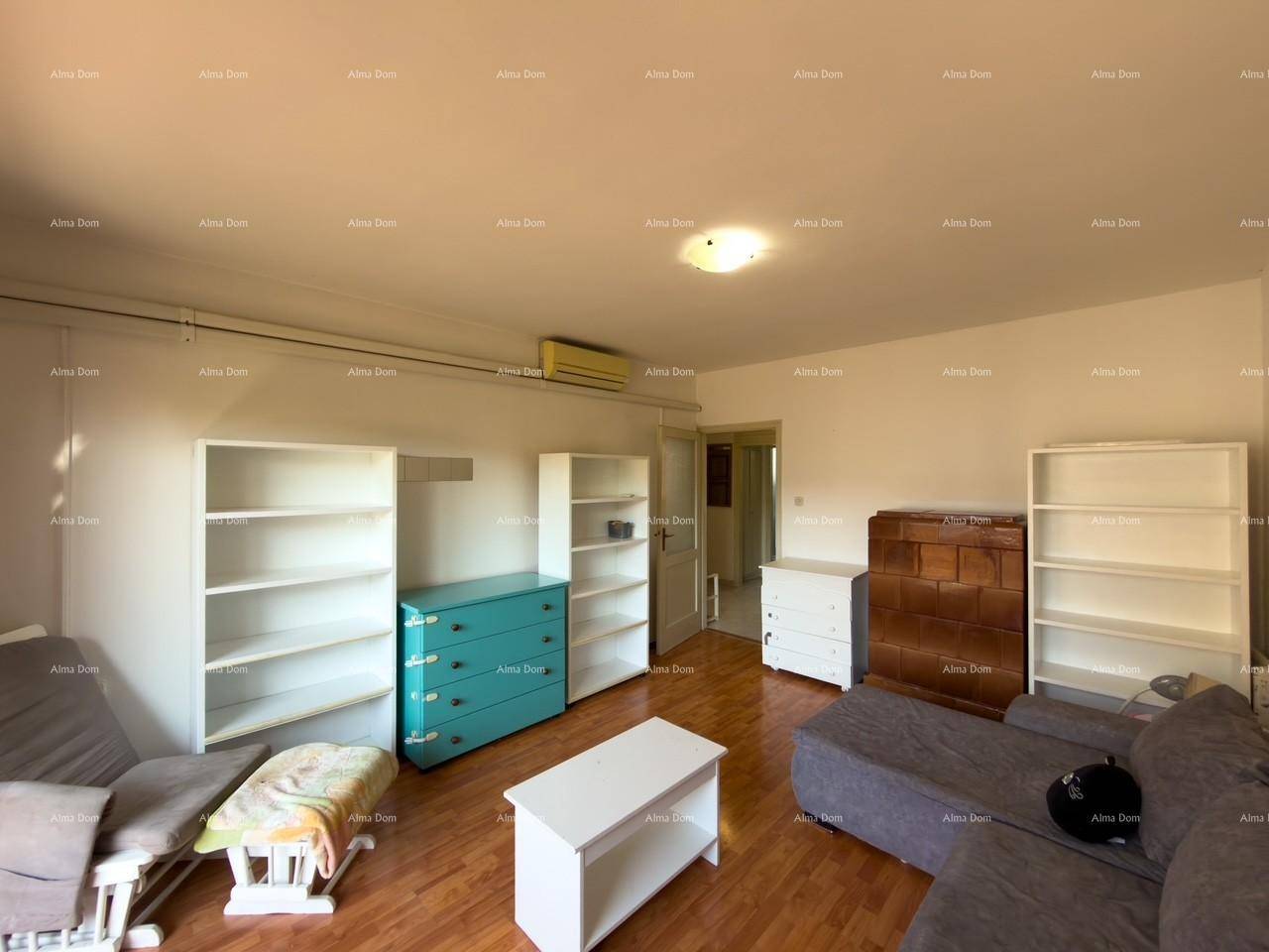 Geräumiges Wohnzimmer mit Holzfußboden, bequemer Couch und verschiedenen Regalen.