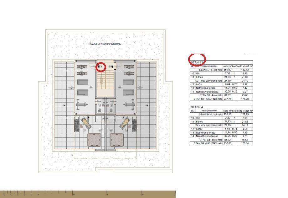 Grundrissplan der obersten Etage mit Terrassen und Schlafzimmern.