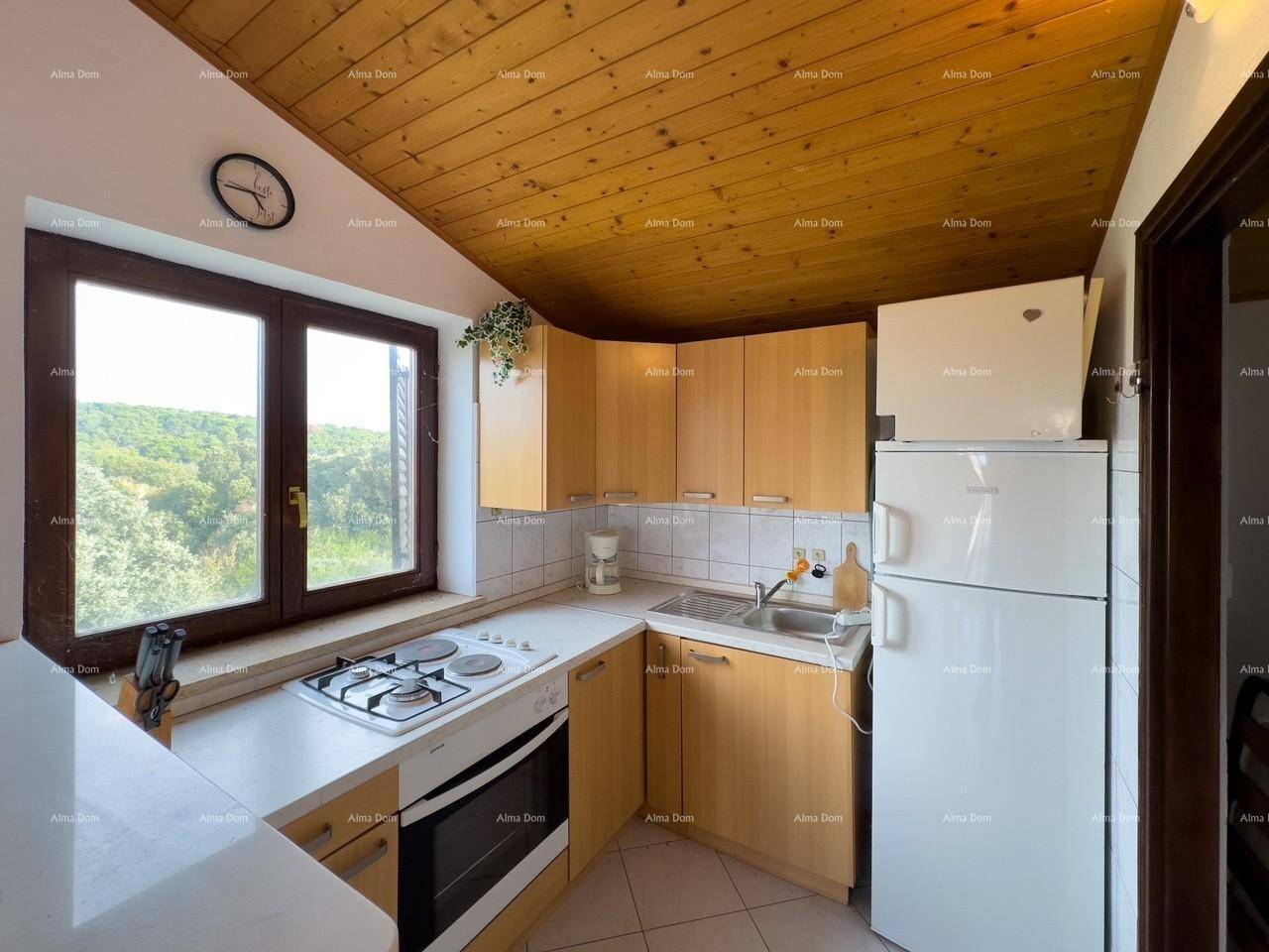 Kleine Küche mit Holzschränken, Gasherd, Kühlschrank und Fenster mit grüner Aussicht.